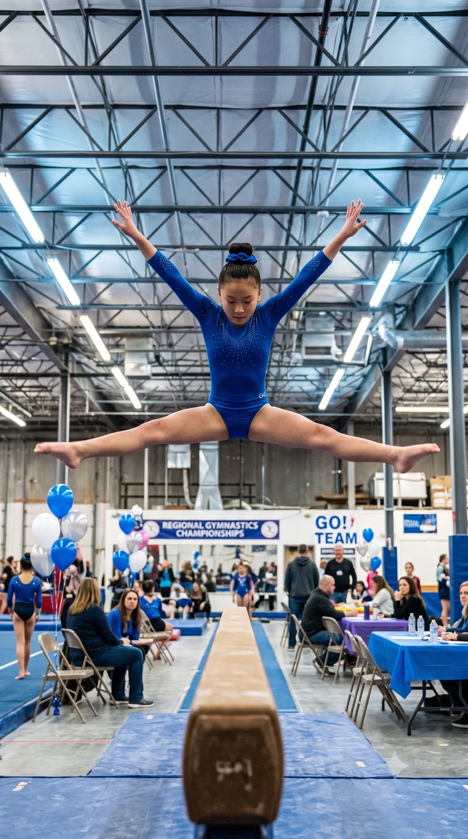 A gymnast mid straddle jump above the beam at a championship meet.