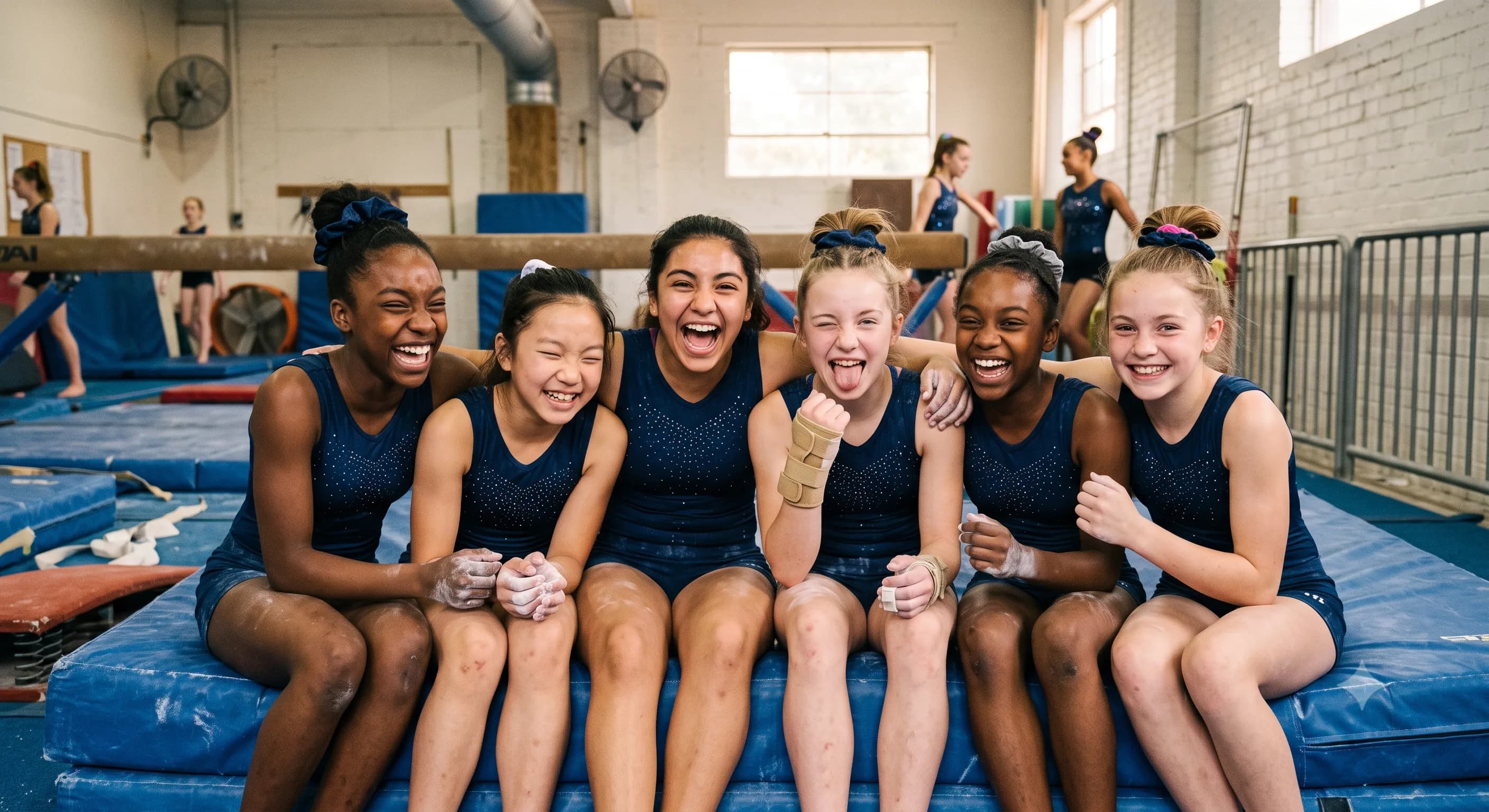 Six teammates sitting together on the mats, laughing between events.